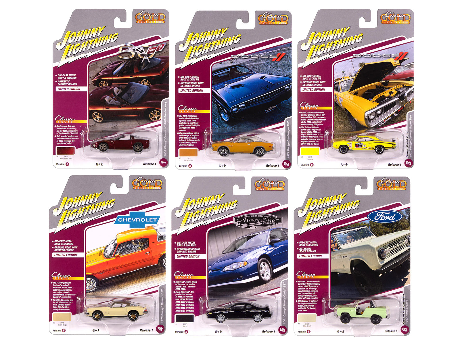 "Classic Gold Collection" 2025 Release 1 Set B of 6 Cars 1/64 Diecast Model Cars by Johnny Lightning-DiecastModeler.com