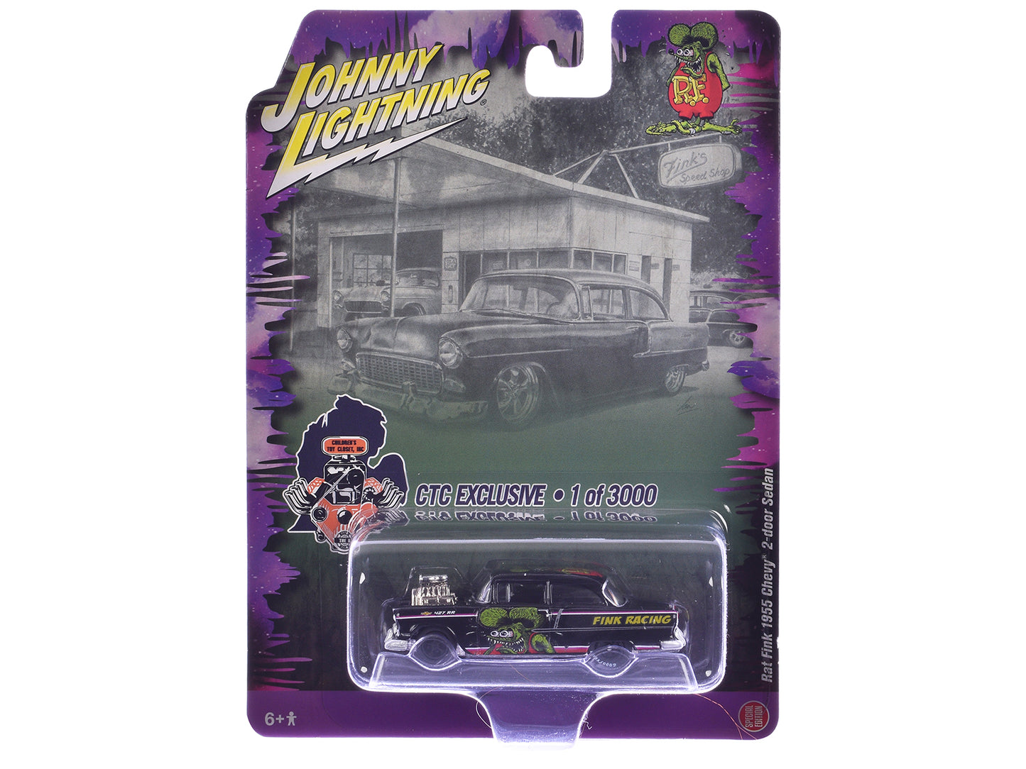 1955 Chevrolet 2-Door Sedan "Rat Fink Racing" Black with Graphics "CTC Exclusive" Series Limited Edition to 3000 pieces Worldwide 1/64 Diecast Model Car by Johnny Lightning