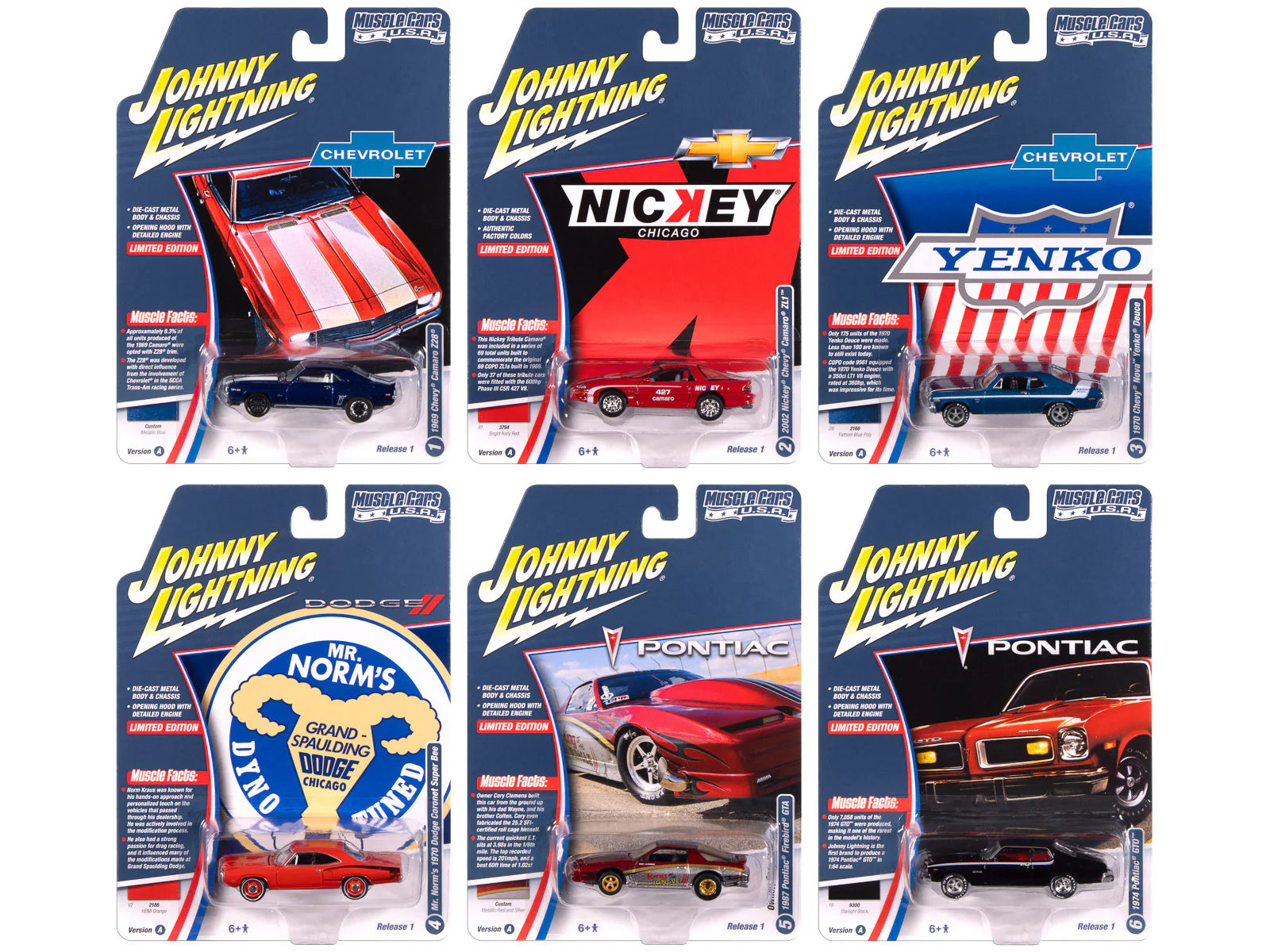 "Muscle Cars USA" 2025 Release 1 Set A of 6 pieces 1/64 Diecast Model Cars by Johnny Lightning-DiecastModeler.com