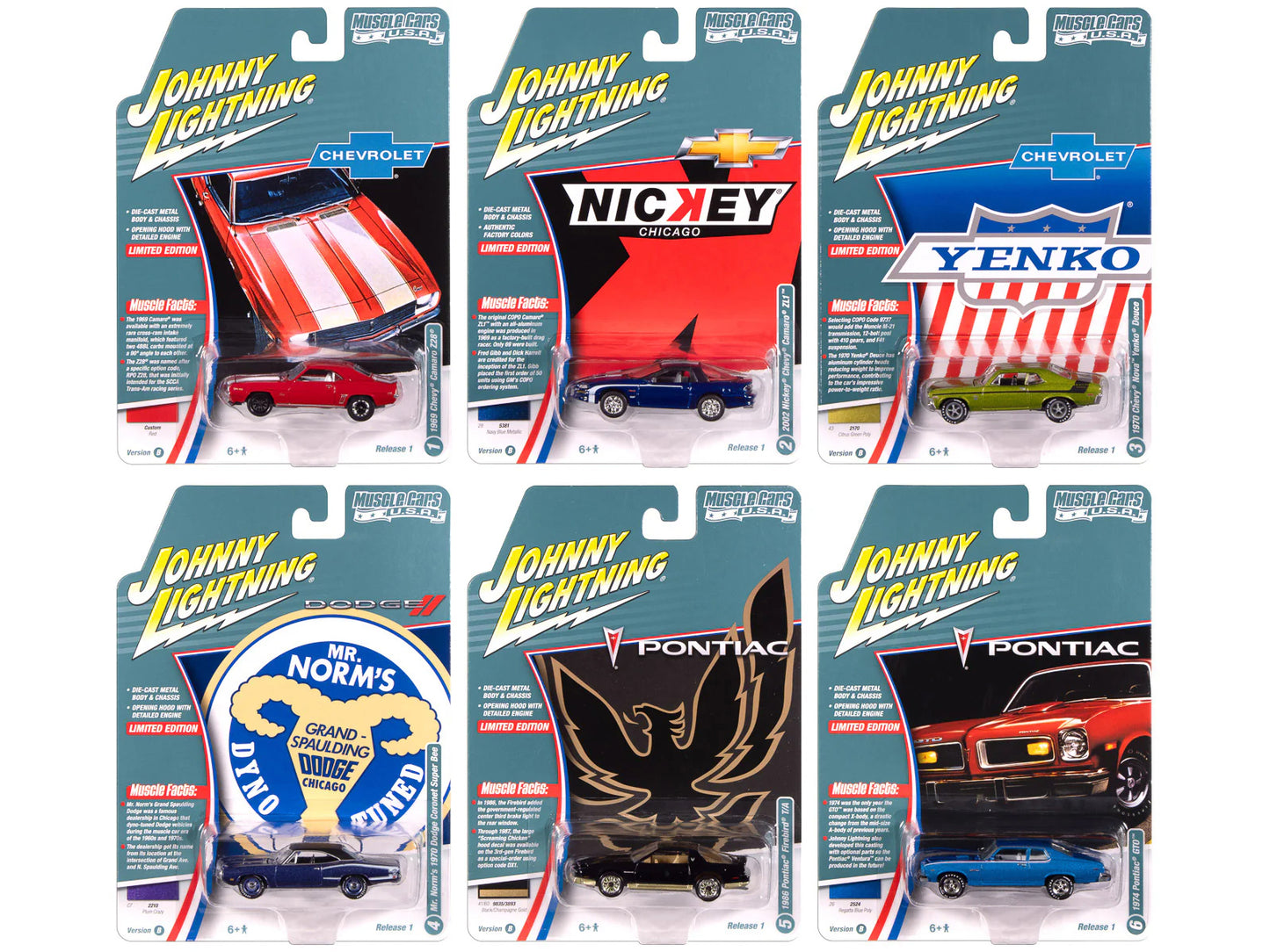 "Muscle Cars USA" 2025 Release 1 Set B of 6 pieces 1/64 Diecast Model Cars by Johnny Lightning-DiecastModeler.com