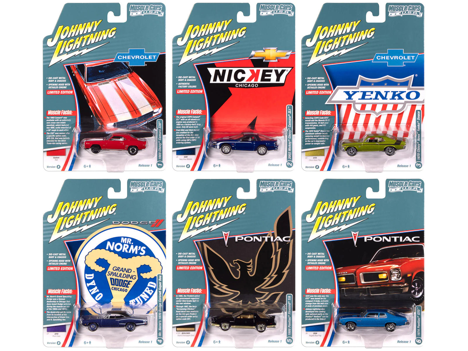 "Muscle Cars USA" 2025 Release 1 Set B of 6 pieces 1/64 Diecast Model Cars by Johnny Lightning-DiecastModeler.com