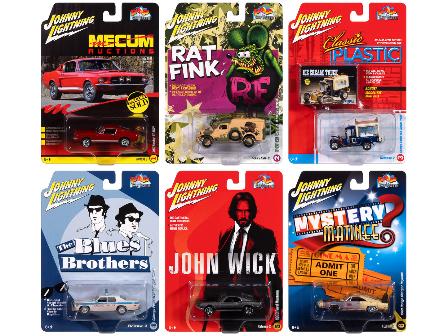 Pop Culture 2024 Set of 6 Cars Release 2 1/64 Diecast Model Cars by Johnny Lightning-DiecastModeler.com