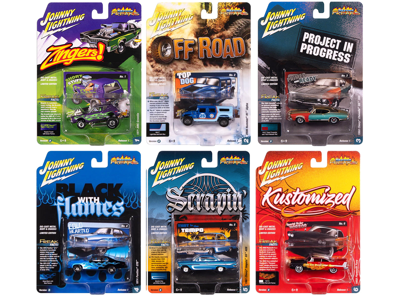 "Street Freaks" 2025 Release 1 Set B of 6 Cars 1/64 Diecast Model Cars by Johnny Lightning-DiecastModeler.com