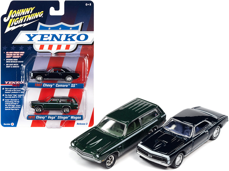1967 Chevrolet Camaro SS Royal Plum Metallic and 1972 Chevrolet Vega Stinger Wagon Dark Green Metallic "YENKO" Set of 2 Cars 1/64 Diecast Model Cars by Johnny Lightning-DiecastModeler.com