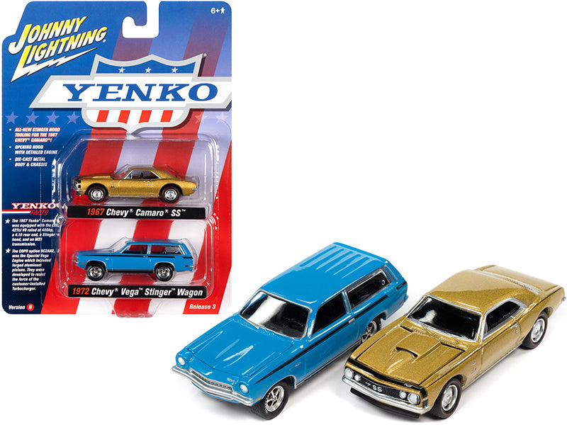 1967 Chevrolet Camaro SS Gold Metallic and 1972 Chevrolet Vega Stinger Wagon Blue "YENKO" Set of 2 Cars 1/64 Diecast Model Cars by Johnny Lightning-DiecastModeler.com