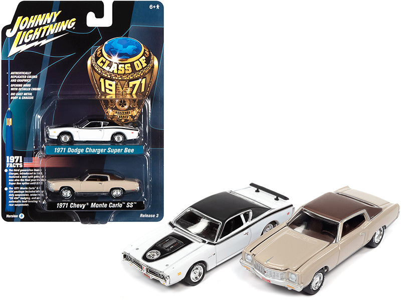 1971 Dodge Charger Super Bee White and 1971 Chevrolet Monte Carlo SS Sandalwood Brown "Class of 1971" Set of 2 Cars 1/64 Diecast Model Cars by Johnny Lightning-DiecastModeler.com