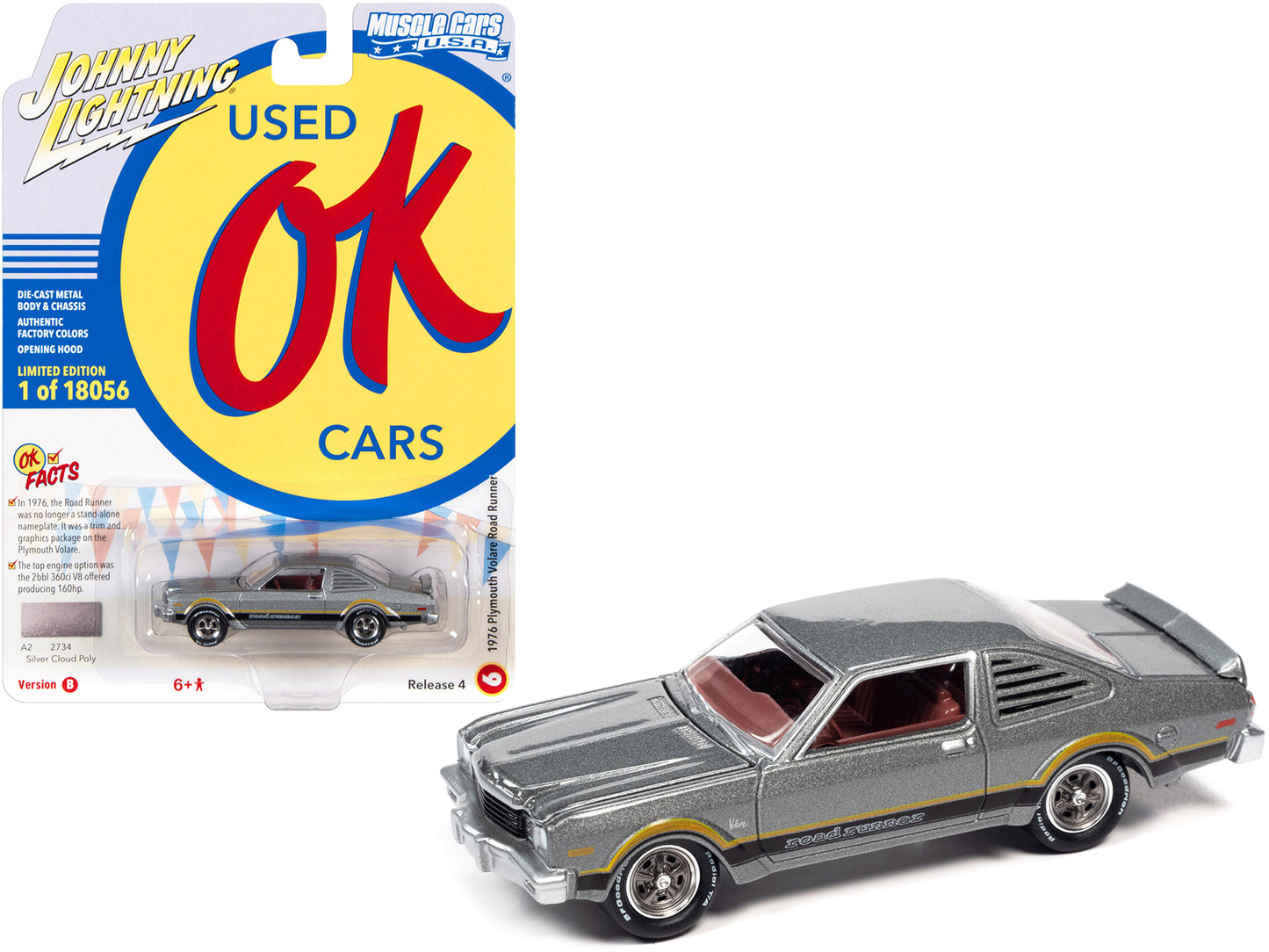 1976 Plymouth Volare Road Runner Silver Cloud Metallic with Stripes "OK Used Cars" Series Limited Edition to 18056 pieces Worldwide 1/64 Diecast Model Car by Johnny Lightning-DiecastModeler.com