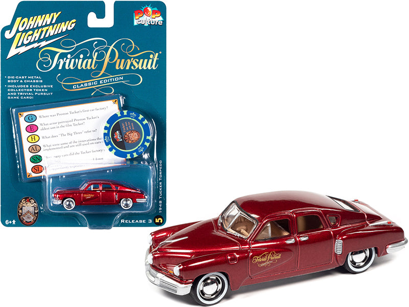 1948 Tucker Torpedo Red Maroon Metallic "Tucker: The Man and His Dream" (1988) Movie with Poker Chip (Collector Token) and Game Card "Trivial Pursuit" "Pop Culture" Series 3 1/64 Diecast Model Car by Johnny Lightning-DiecastModeler.com