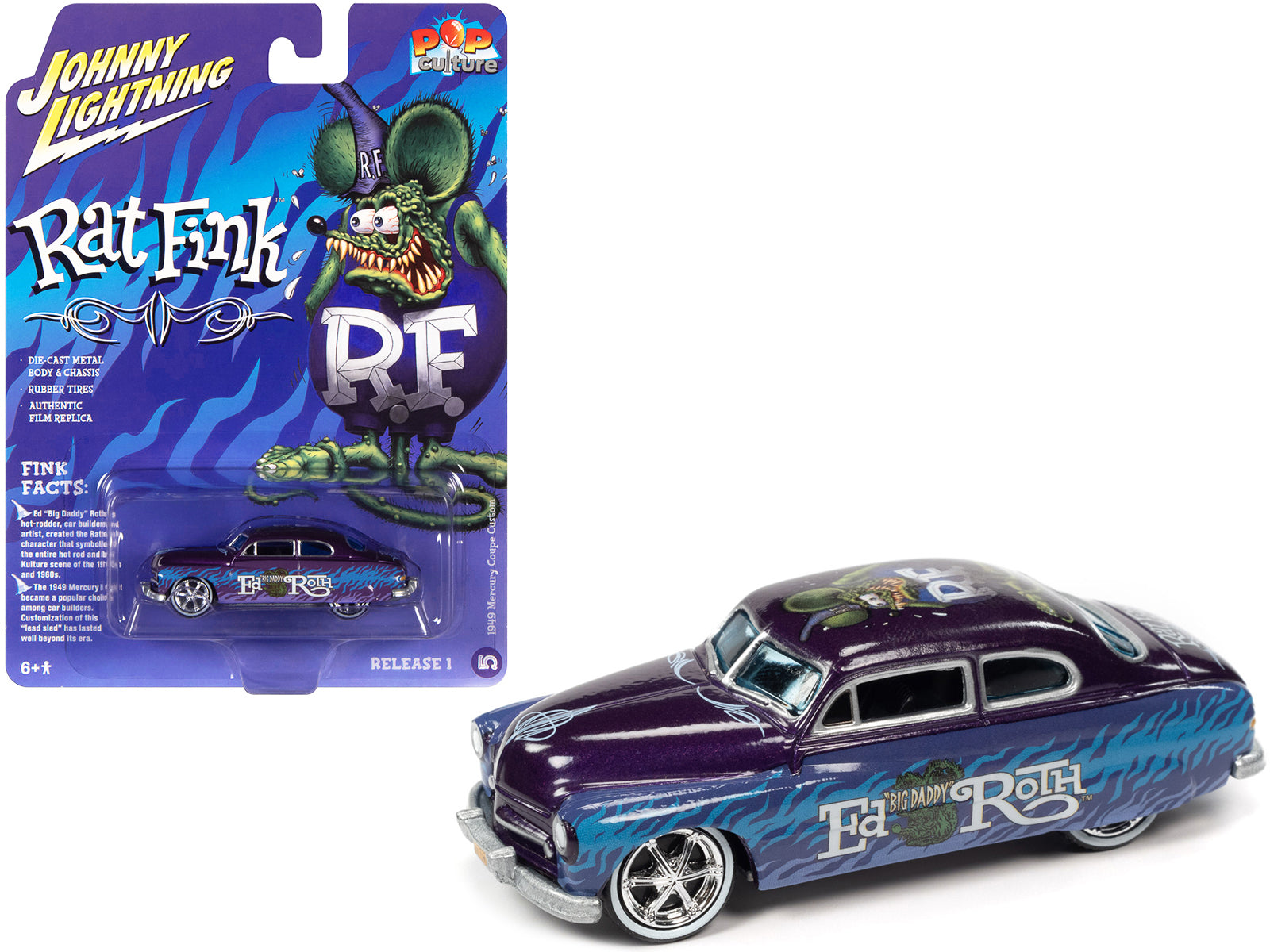 1949 Mercury Coupe Custom Purple Metallic with Graphics "Rat Fink" "Pop Culture" 2022 Release 1 1/64 Diecast Model Car by Johnny Lightning-DiecastModeler.com