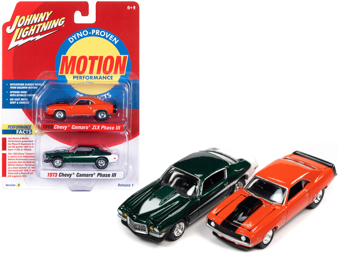 1969 Chevrolet Camaro ZLX Phase III Hugger Orange with Black Stripes and 1973 Chevrolet Camaro Phase III Dark Green Metallic and White "Baldwin Motion" Set of 2 Cars 1/64 Diecast Model Cars by Johnny Lightning-DiecastModeler.com