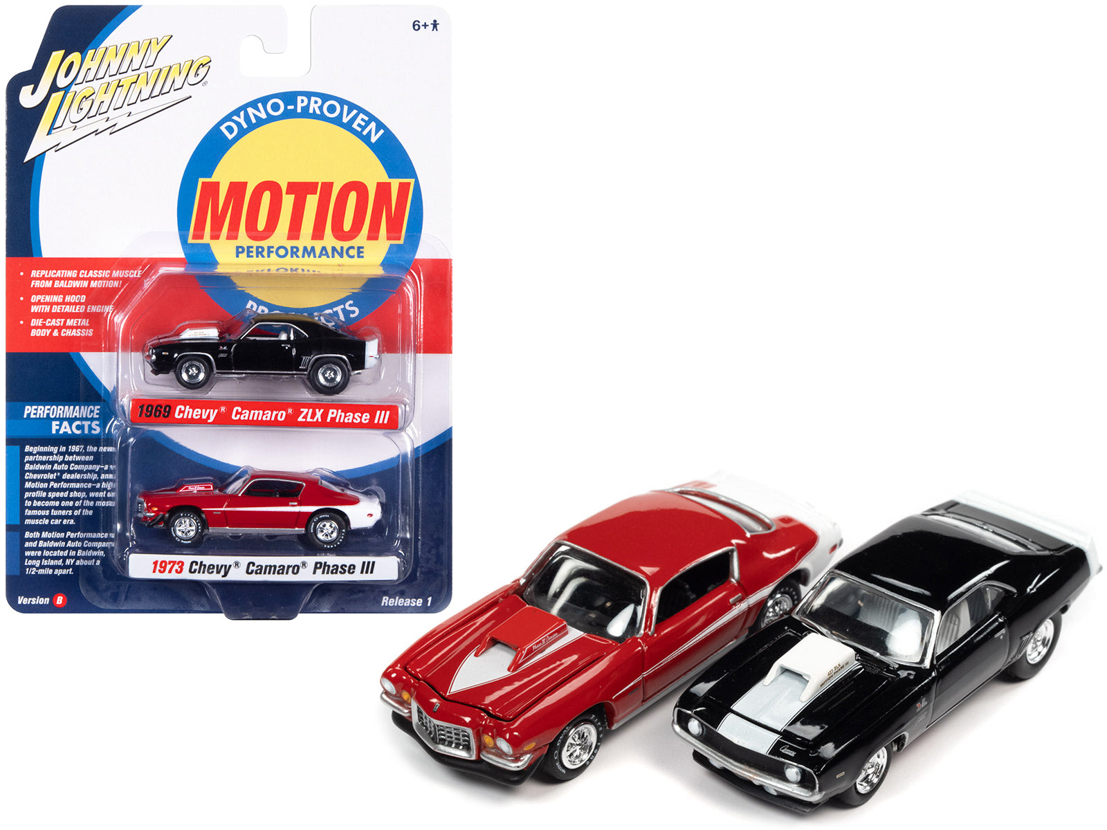 1969 Chevrolet Camaro ZLX Phase III Black with White Stripes and 1973 Chevrolet Camaro Phase III Medium Red and White "Baldwin Motion" Set of 2 Cars 1/64 Diecast Model Cars by Johnny Lightning-DiecastModeler.com