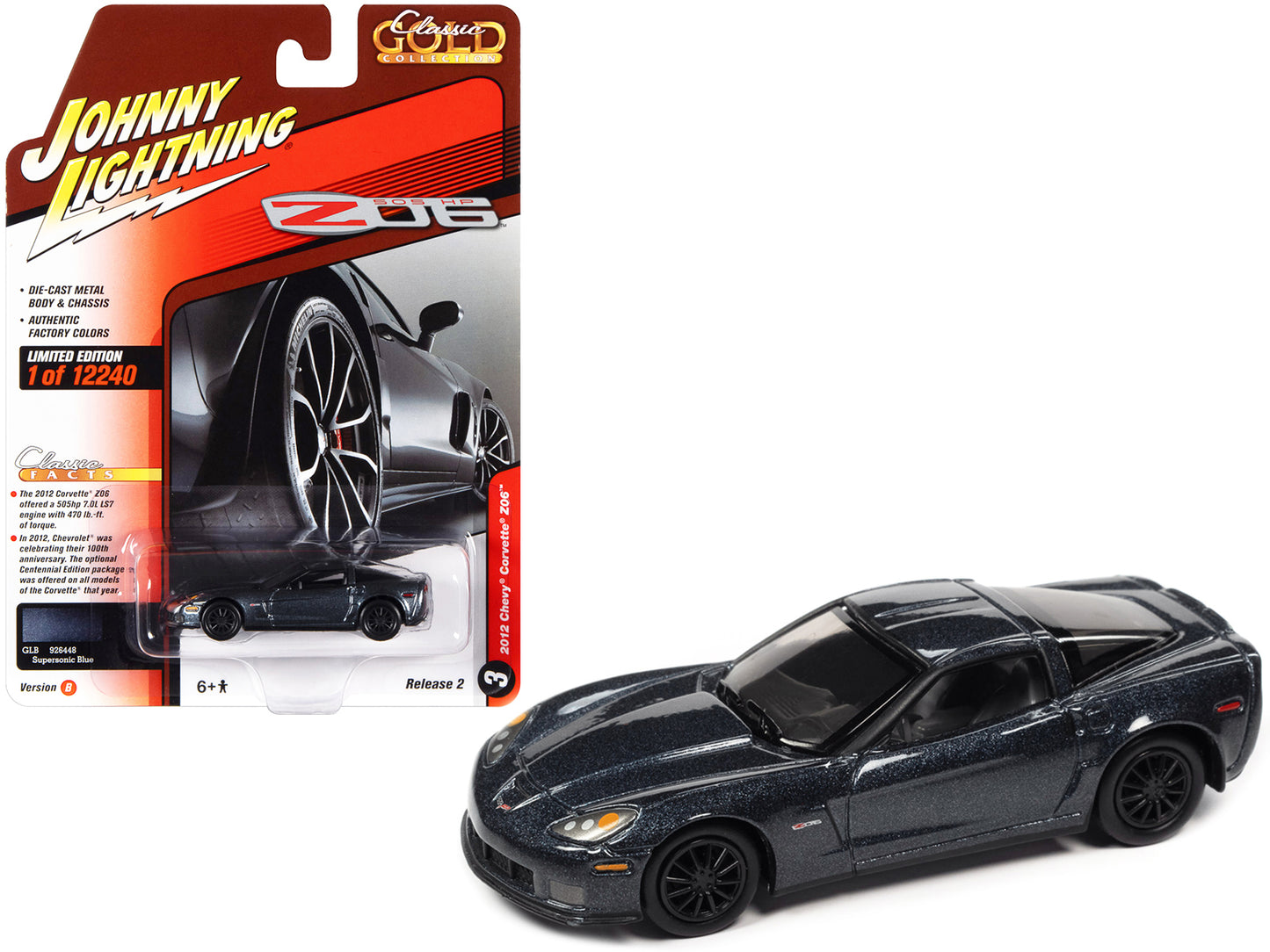 2012 Chevrolet Corvette Z06 Supersonic Blue Metallic "Classic Gold Collection" Series Limited Edition to 12240 pieces Worldwide 1/64 Diecast Model Car by Johnny Lightning-DiecastModeler.com