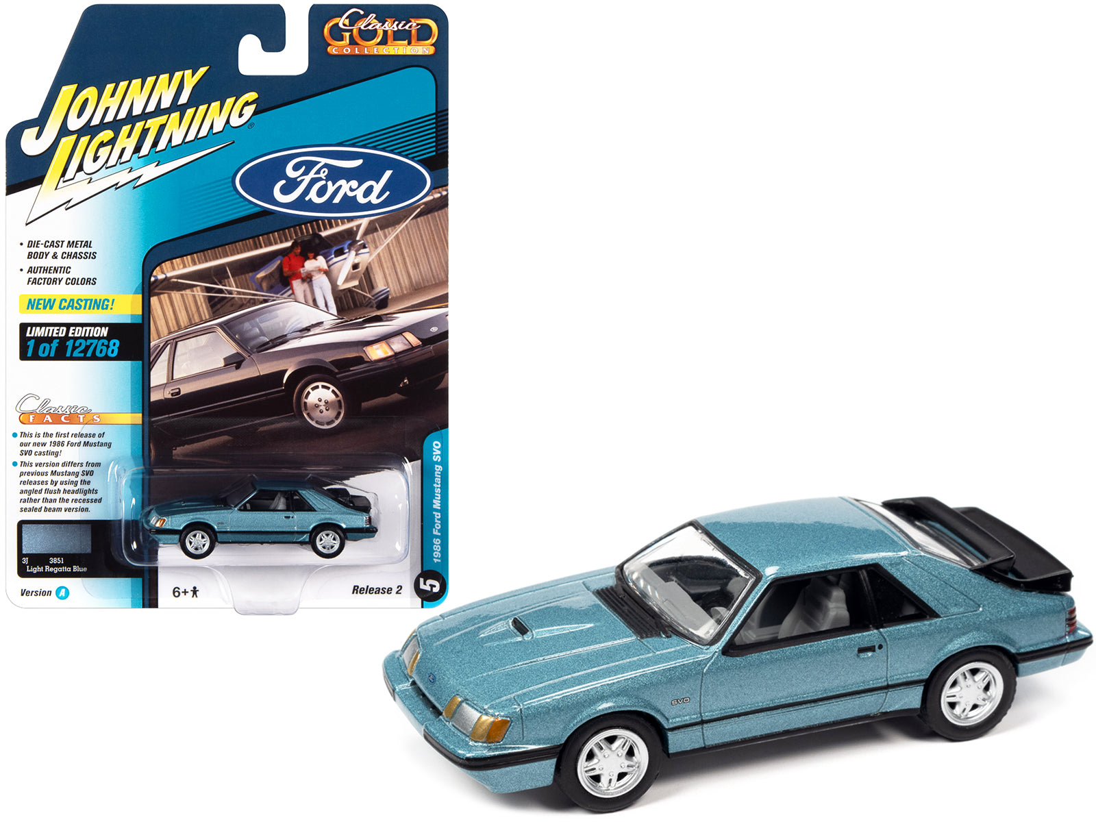 1986 Ford Mustang SVO Light Regatta Blue Metallic with Black Stripes "Classic Gold Collection" Series Limited Edition to 12768 pieces Worldwide 1/64 Diecast Model Car by Johnny Lightning-DiecastModeler.com