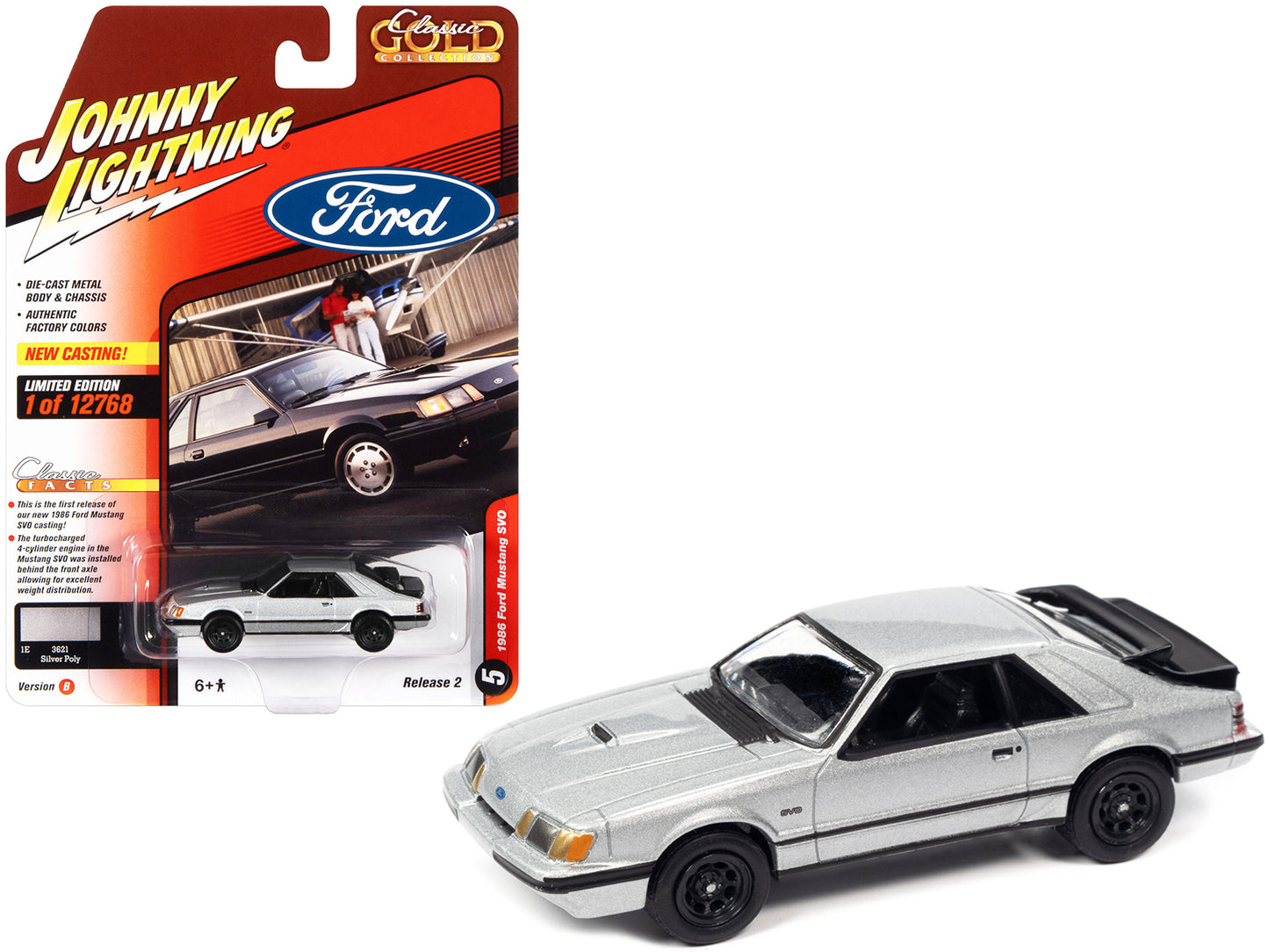 1986 Ford Mustang SVO Silver Metallic with Black Stripes "Classic Gold Collection" Series Limited Edition to 12768 pieces Worldwide 1/64 Diecast Model Car by Johnny Lightning-DiecastModeler.com