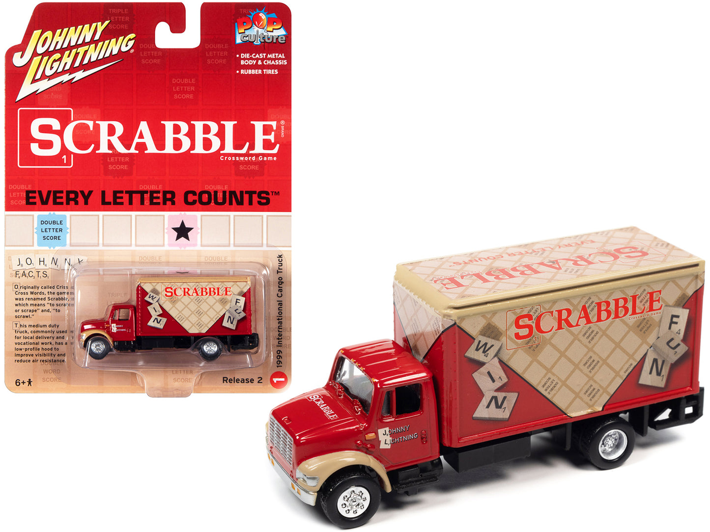 1999 International Cargo Truck Red with Graphics &quot;Scrabble&quot; &quot;Pop Culture&quot; 2022 Release 2 1/64 Diecast Model Car by Johnny Lightning