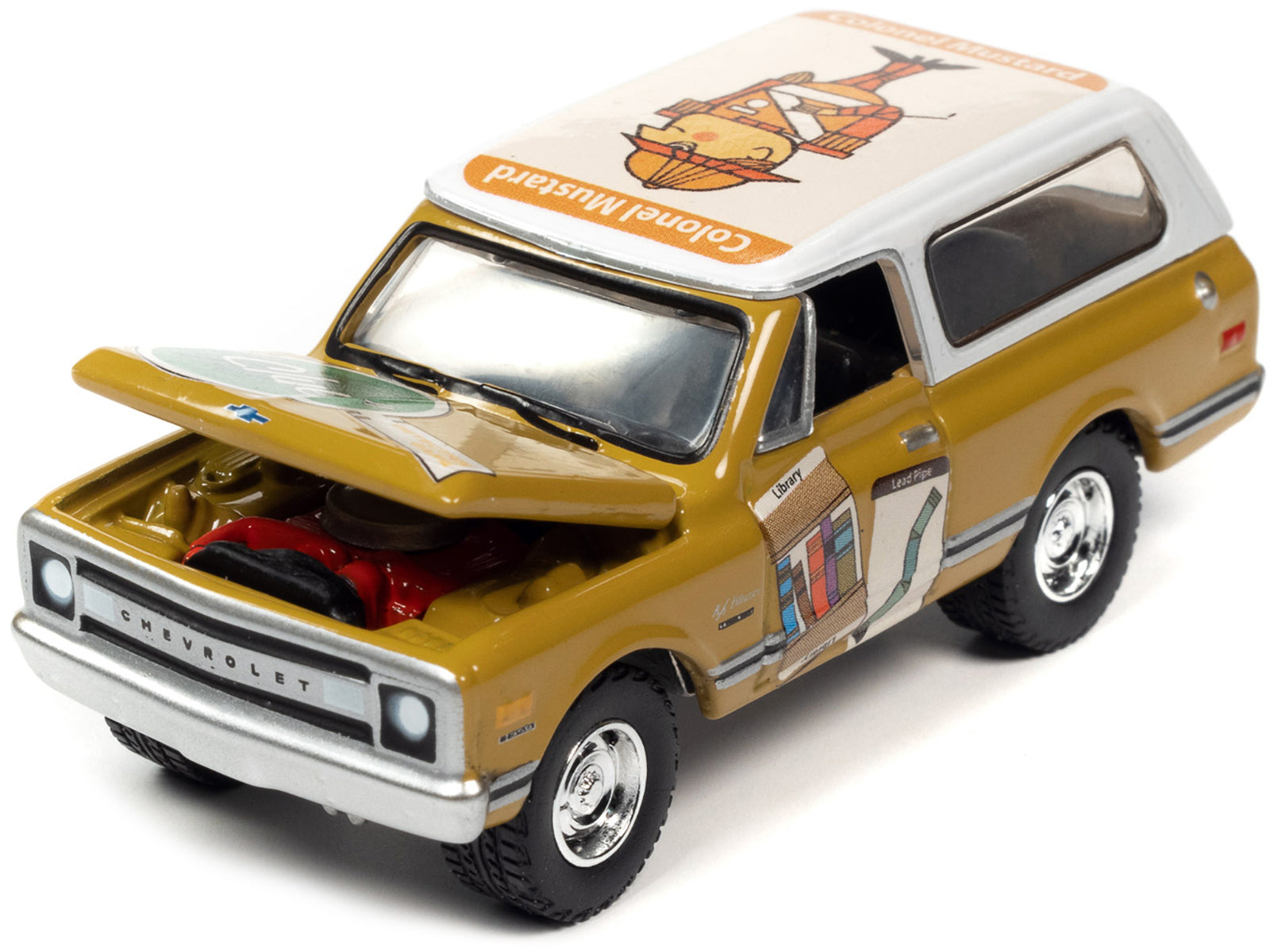 1970 Chevrolet Blazer Mustard Yellow with White Top (Colonel Mustard) w/Poker Chip Collector's Token "Vintage Clue" "Pop Culture" 2022 Release 2 1/64 Diecast Model Car by Johnny Lightning-DiecastModeler.com