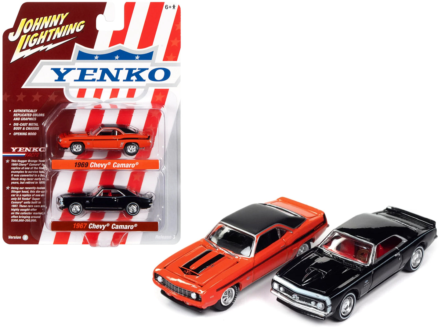 1969 Chevrolet Camaro Hugger Orange with Black Top and Stripes and 1967 Chevrolet Camaro Black with White Stripe and Red Interior "Yenko" Series Set of 2 Cars 1/64 Diecast Model Cars by Johnny Lightning-DiecastModeler.com