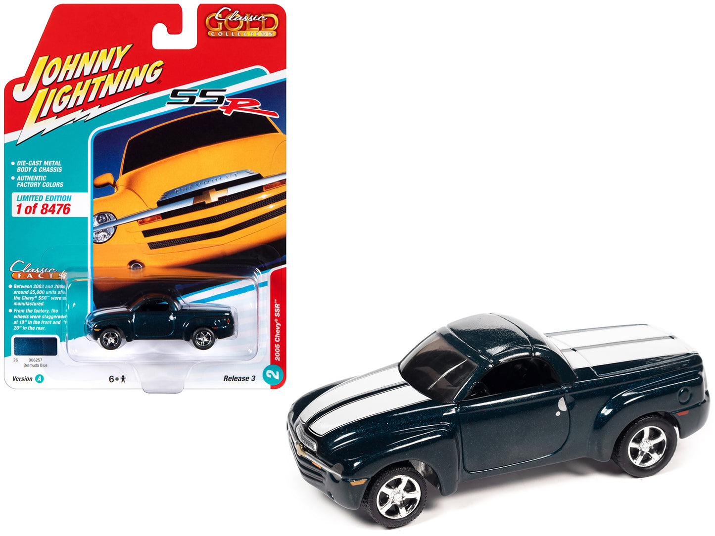 2005 Chevrolet SSR Pickup Truck Bermuda Blue Metallic with White Stripes "Classic Gold Collection" Series Limited Edition to 8476 pieces Worldwide 1/64 Diecast Model Car by Johnny Lightning-DiecastModeler.com