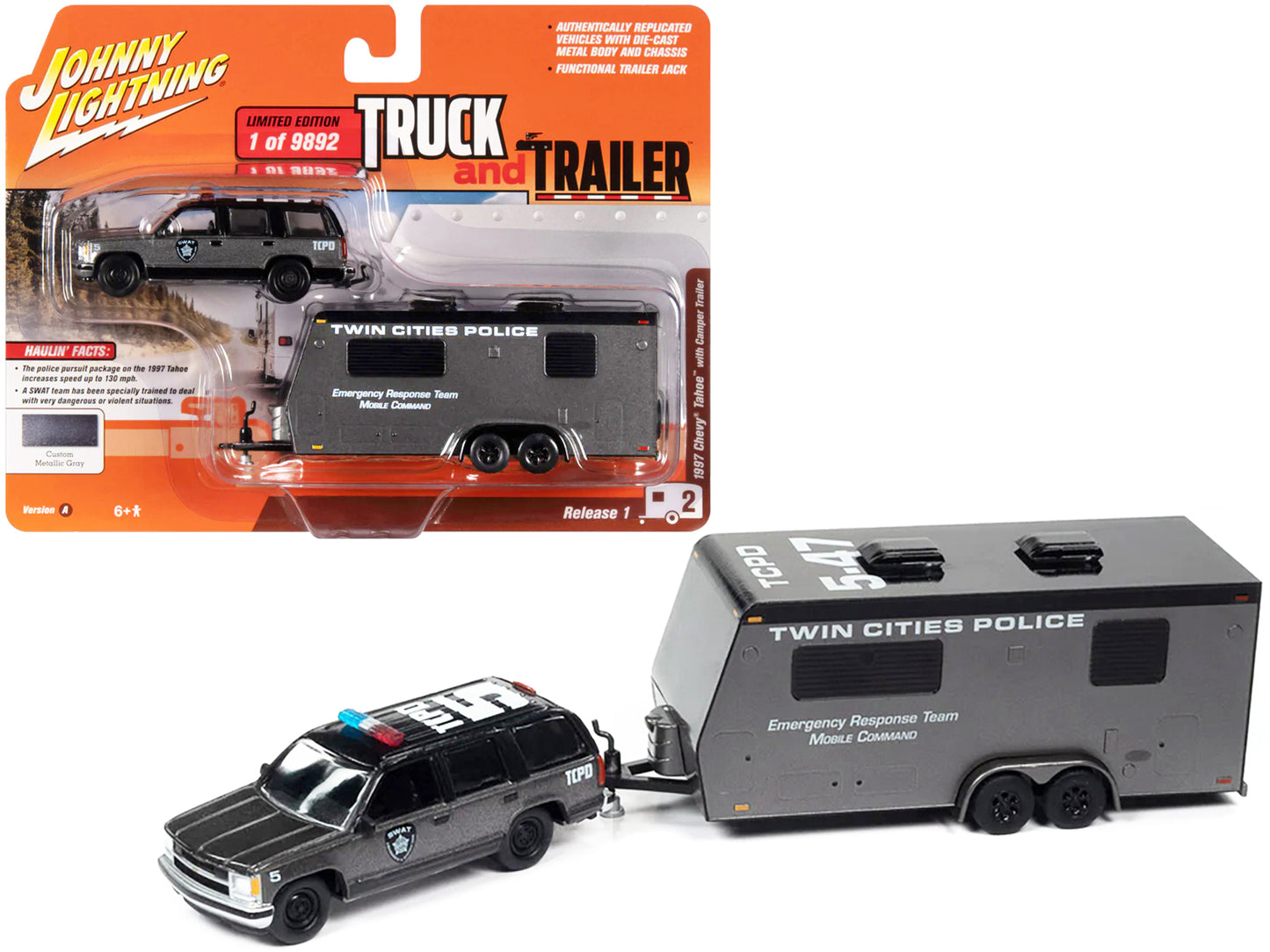1997 Chevrolet Tahoe "SWAT" Custom Gray Metallic and Black with "Twin Cities Police" Camper Trailer Limited Edition to 9892 pieces Worldwide "Truck and Trailer" Series 1/64 Diecast Model Car by Johnny Lightning-DiecastModeler.com