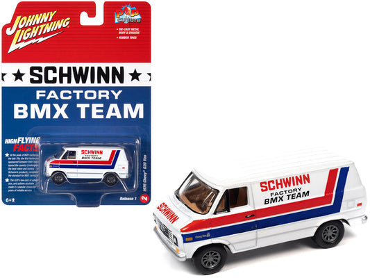 1976 Chevrolet G20 Van White with Stripes "Schwinn Factory BMX Team" "Pop Culture" 2023 Release 1 1/64 Diecast Model Car by Johnny Lightning-DiecastModeler.com