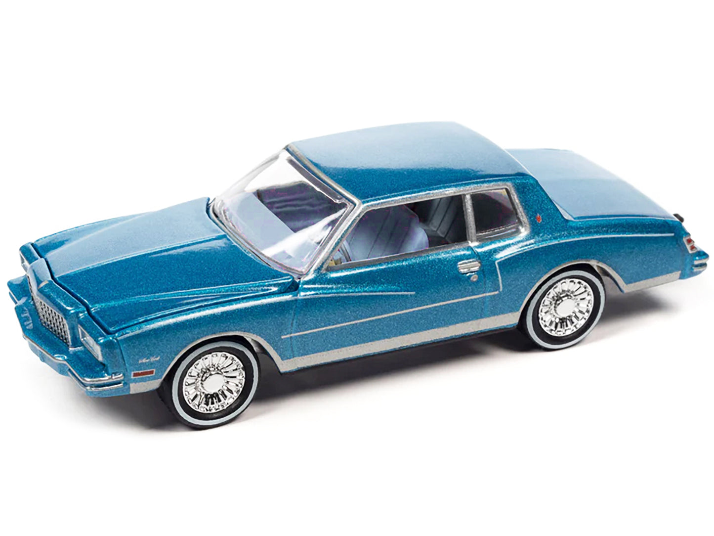 1980 Chevrolet Monte Carlo Bright Blue Metallic with Blue Interior with Bass Boat and Trailer Limited Edition to 7264 pieces Worldwide "Tow & Go" Series 1/64 Diecast Model Car by Johnny Lightning