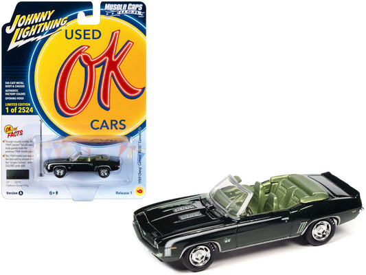 1969 Chevrolet Camaro RS/SS Convertible Fathom Green Metallic with White Stripes and Light Green Interior Limited Edition to 2524 pieces Worldwide "OK Used Cars" 2023 Series 1/64 Diecast Model Car by Johnny Lightning-DiecastModeler.com