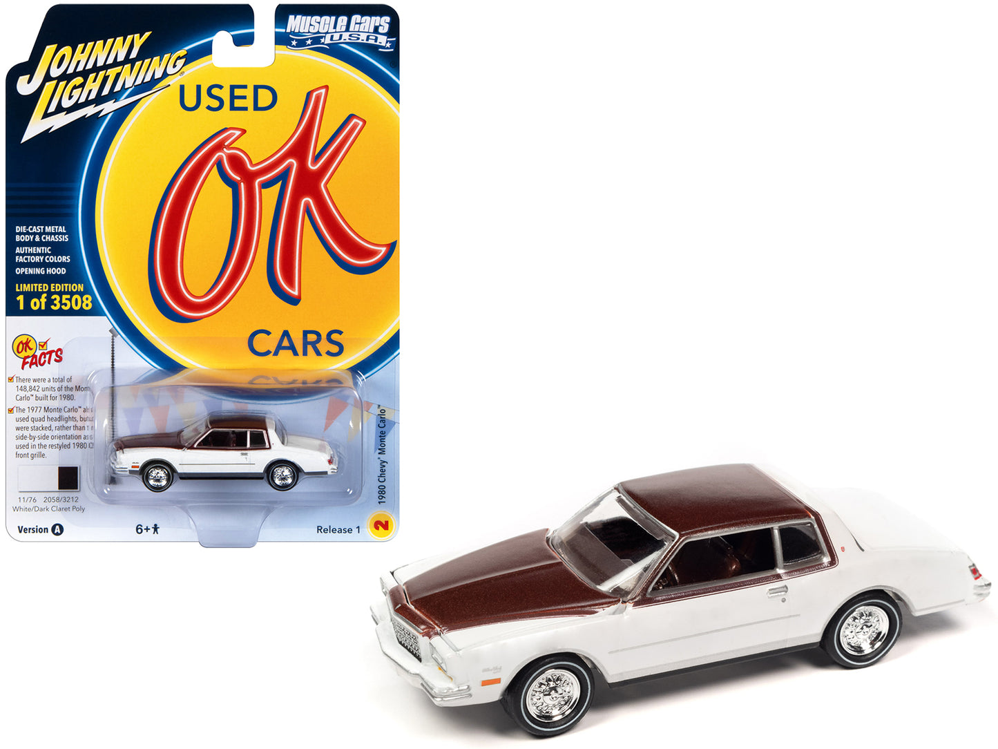 1980 Chevrolet Monte Carlo White and Dark Claret Brown Metallic Top and Hood Limited Edition to 3508 pieces Worldwide "OK Used Cars" 2023 Series 1/64 Diecast Model Car by Johnny Lightning-DiecastModeler.com