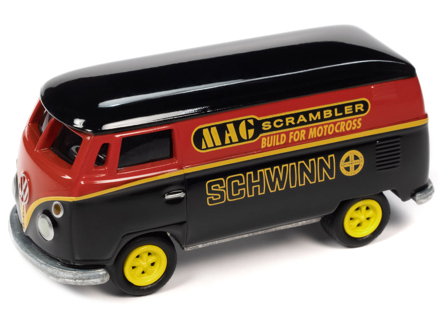 1965 Volkswagen Type 2 Transporter Van Black and Red "Schwinn" and 1976 Ford Econoline Van White and Blue "Mongoose USA Factory Team" "BMX Freestyle" Set of 2 Cars "2-Packs" 2023 Release 2 1/64 Diecast Model Cars by Johnny Lightning