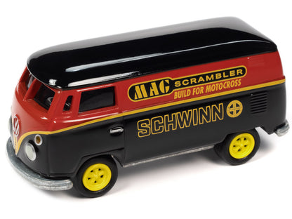 1965 Volkswagen Type 2 Transporter Van Black and Red "Schwinn" and 1976 Ford Econoline Van White and Blue "Mongoose USA Factory Team" "BMX Freestyle" Set of 2 Cars "2-Packs" 2023 Release 2 1/64 Diecast Model Cars by Johnny Lightning