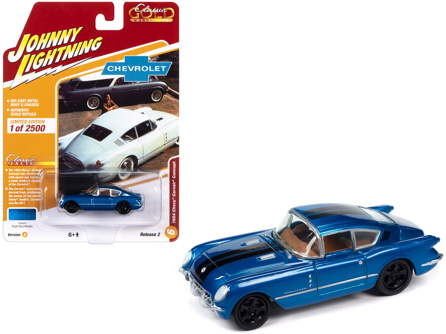1954 Chevrolet Corvair Concept Car Bright Blue Metallic with Black Stripes "Classic Gold Collection" 2023 Release 2 Limited Edition to 2500 pieces Worldwide 1/64 Diecast Model Car by Johnny Lightning-DiecastModeler.com