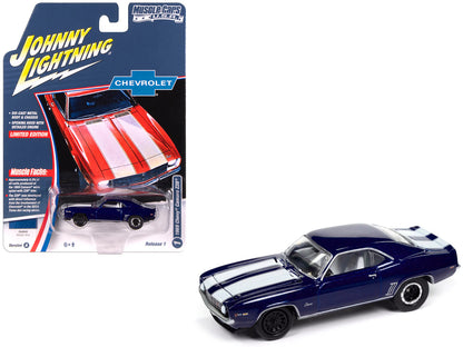 1969 Chevrolet Camaro Z28 Blue Metallic with White Stripes and Interior "Muscle Cars USA" Series 1/64 Diecast Model Car by Johnny Lightning-DiecastModeler.com