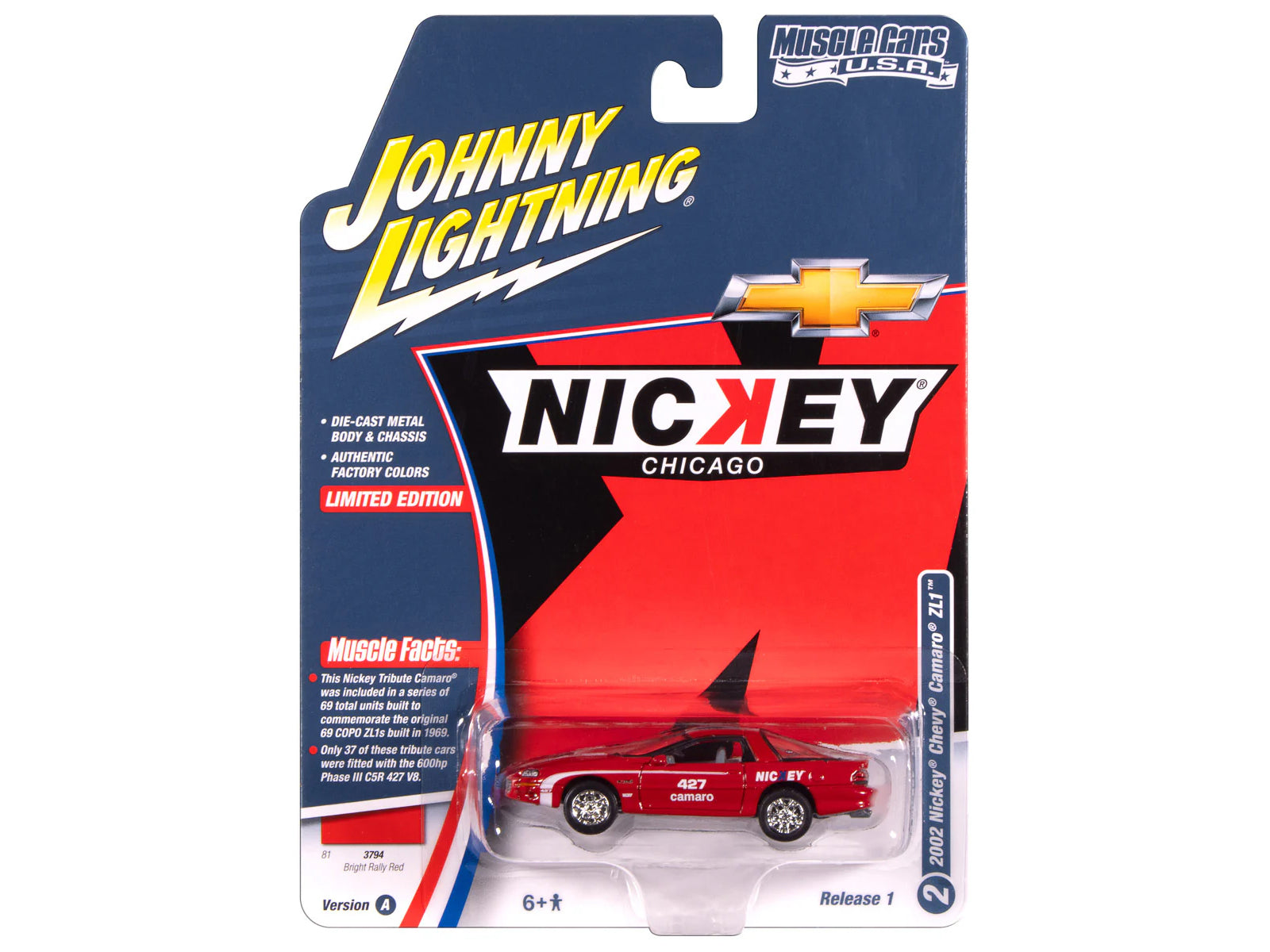 2002 Chevrolet Nickey Camaro ZL1 Bright Rally Red with White Stripes "Muscle Cars USA" Series 1/64 Diecast Model Car by Johnny Lightning-DiecastModeler.com