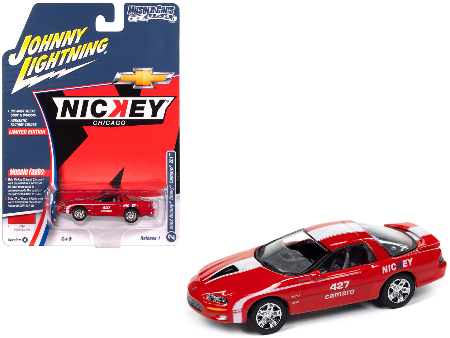 2002 Chevrolet Nickey Camaro ZL1 Bright Rally Red with White Stripes "Muscle Cars USA" Series 1/64 Diecast Model Car by Johnny Lightning-DiecastModeler.com