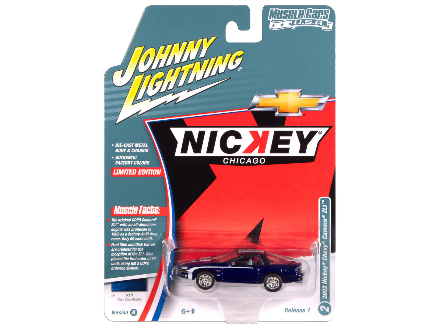 2002 Chevrolet Nickey Camaro ZL1 Navy Blue Metallic with White Stripes "Muscle Cars USA" Series 1/64 Diecast Model Car by Johnny Lightning-DiecastModeler.com