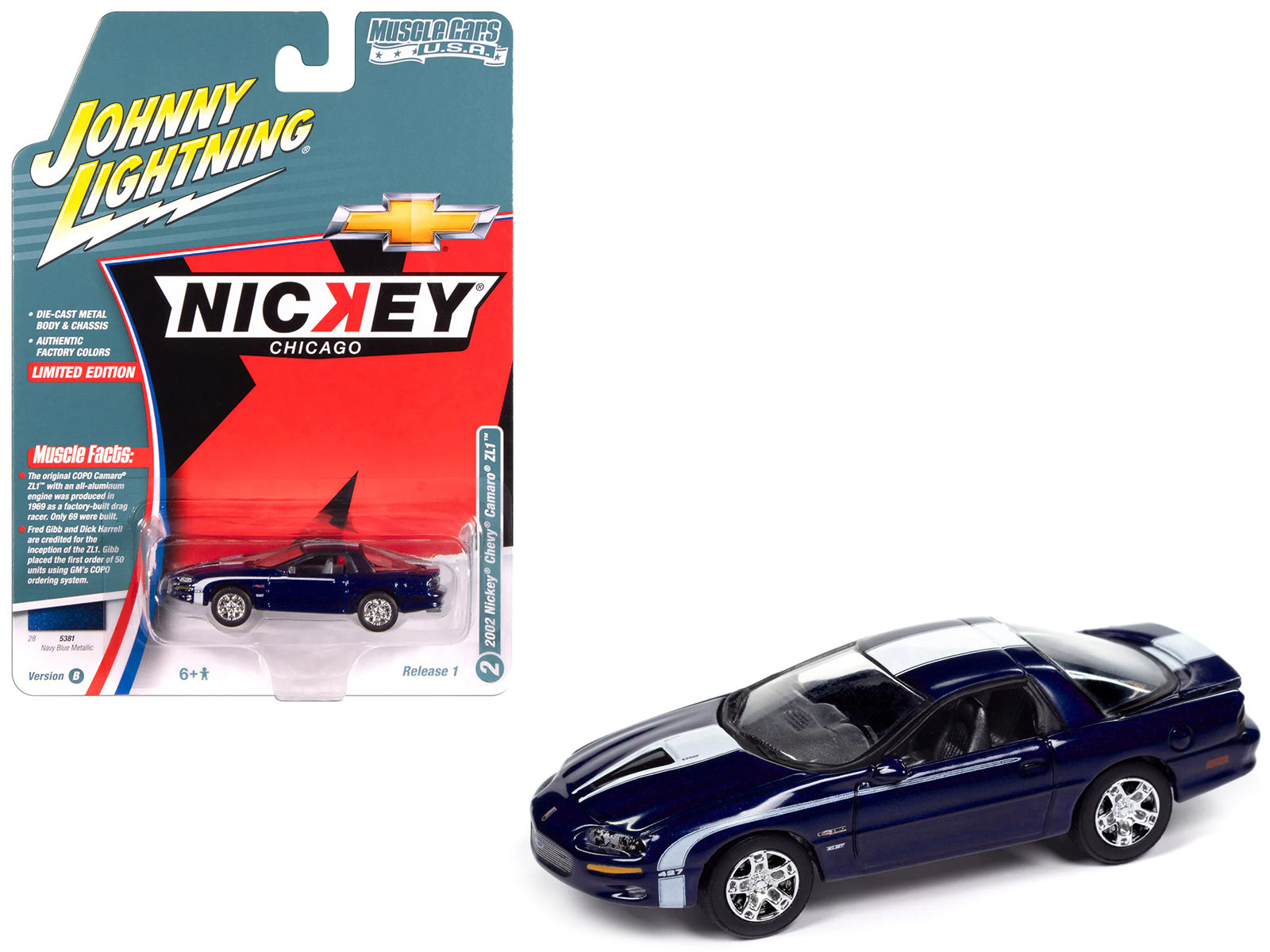 2002 Chevrolet Nickey Camaro ZL1 Navy Blue Metallic with White Stripes "Muscle Cars USA" Series 1/64 Diecast Model Car by Johnny Lightning-DiecastModeler.com