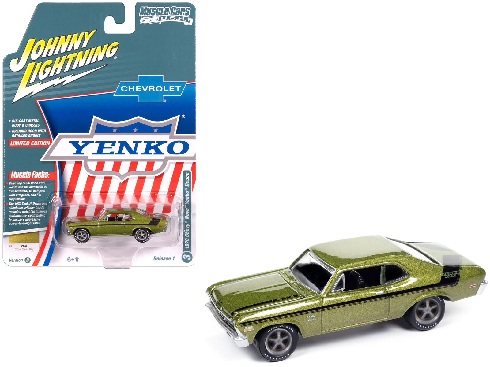 1970 Chevrolet Nova Yenko Deuce Citrus Green Metallic with Black Stripes "Muscle Cars USA" Series 1/64 Diecast Model Car by Johnny Lightning-DiecastModeler.com