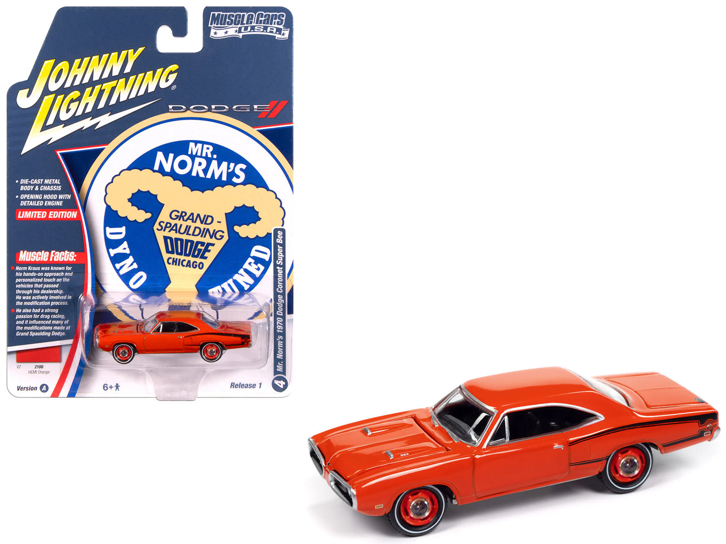 1970 Dodge Coronet Super Bee "Mr. Norm's" Hemi Orange with Black Stripes "Muscle Cars USA" Series 1/64 Diecast Model Car by Johnny Lightning