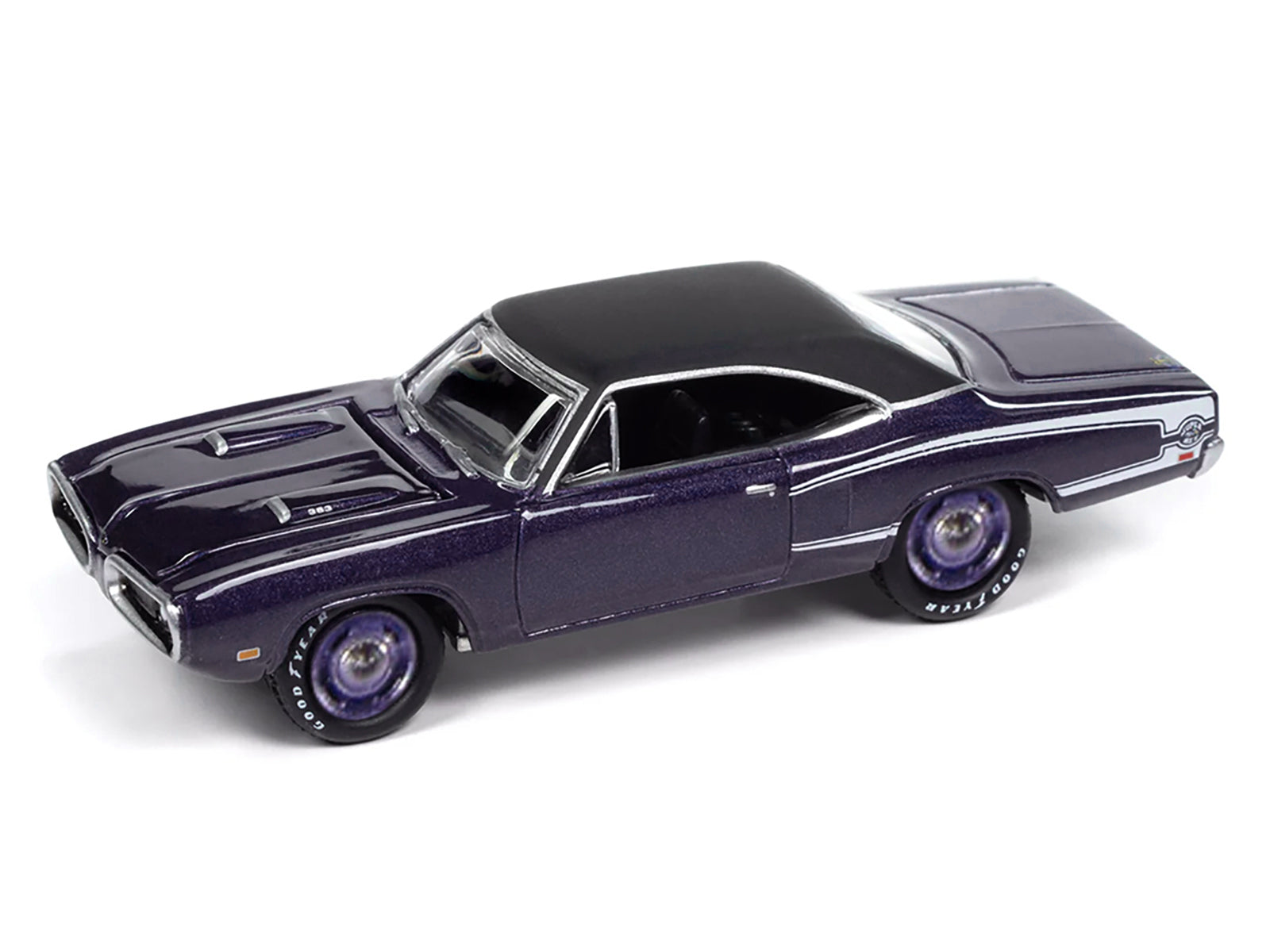 1970 Dodge Coronet Super Bee "Mr. Norm's" Plum Crazy Metallic with Black Top and White Stripes 1/64 Diecast Model Car by Johnny Lightning-DiecastModeler.com
