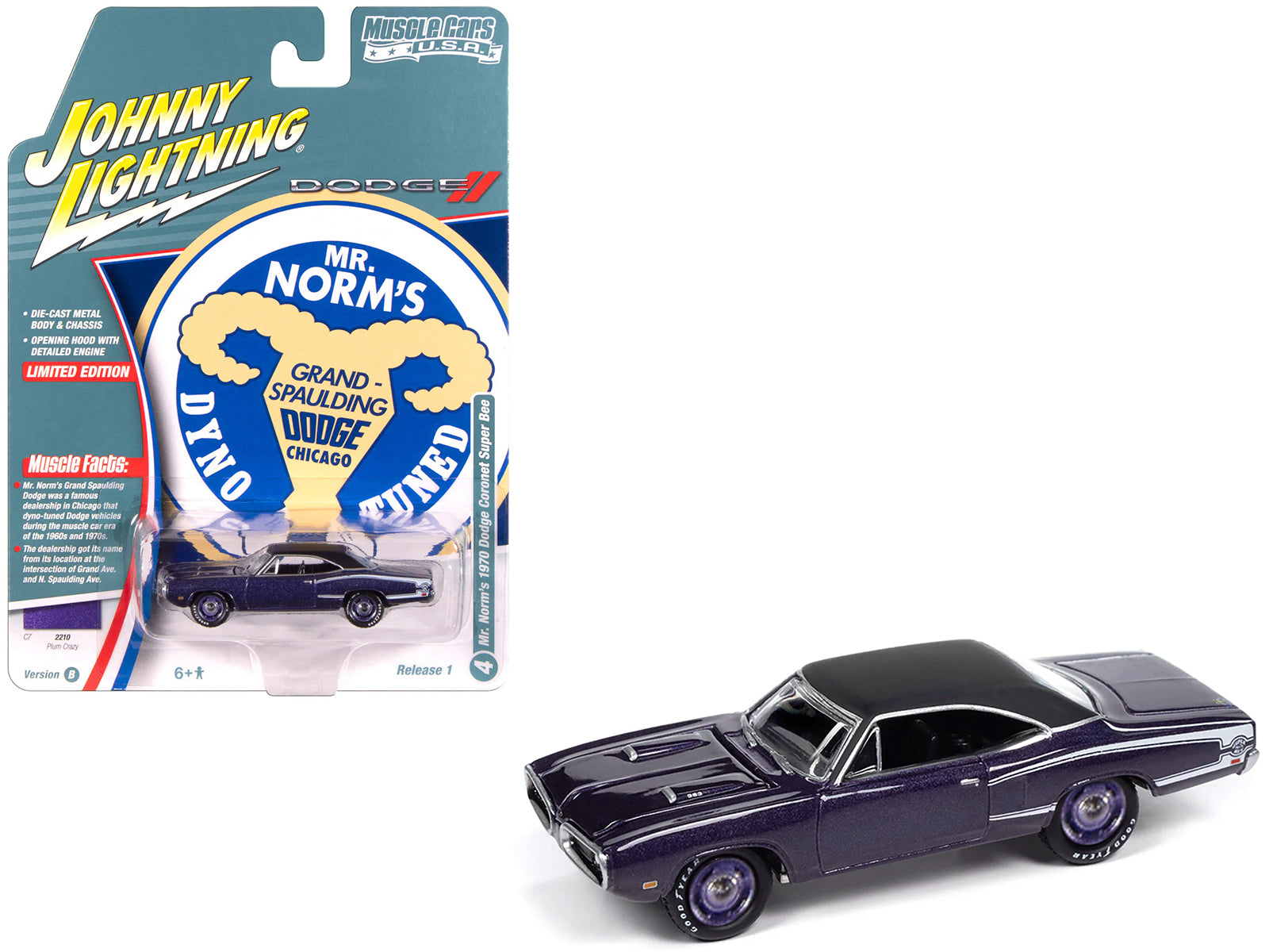 1970 Dodge Coronet Super Bee "Mr. Norm's" Plum Crazy Metallic with Black Top and White Stripes 1/64 Diecast Model Car by Johnny Lightning-DiecastModeler.com