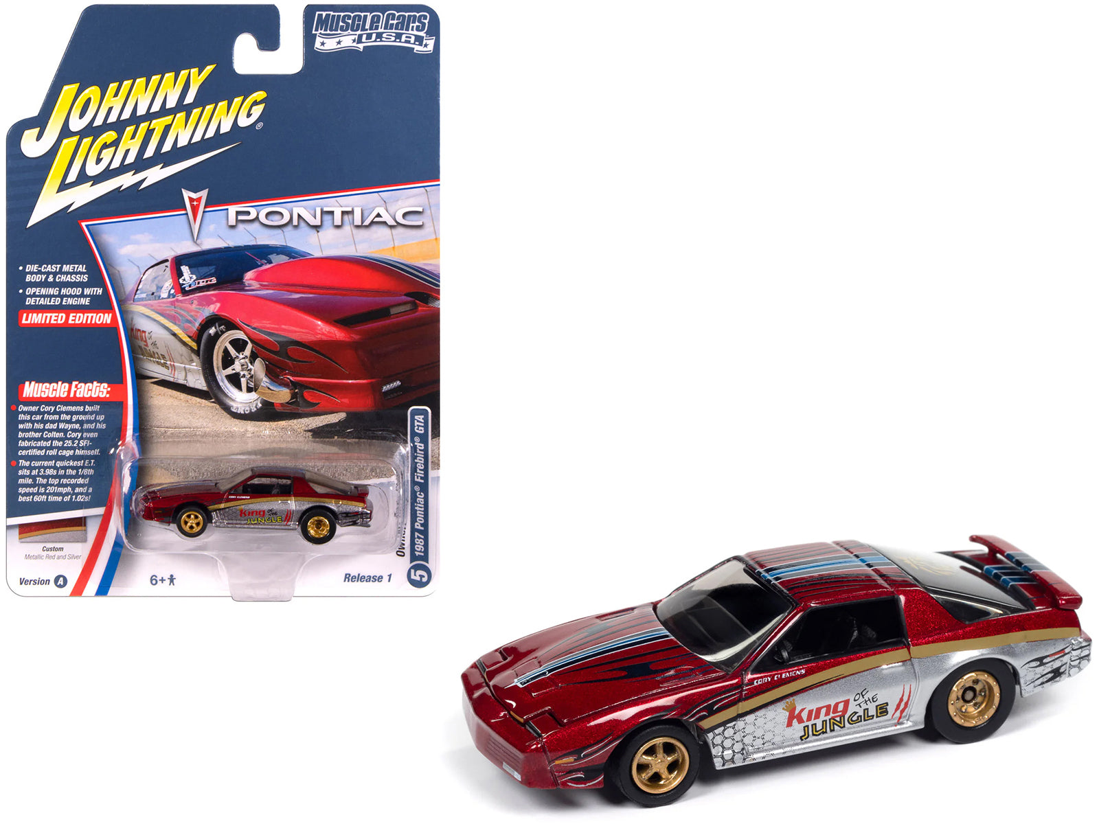 1987 Pontiac Firebird GTA "King of the Jungle" Red and Silver Metallic with Graphics "Muscle Cars USA" Series 1/64 Diecast Model Car by Johnny Lightning-DiecastModeler.com