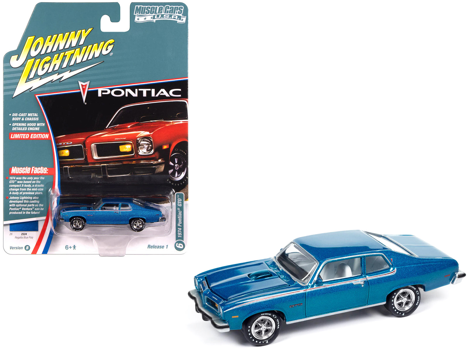 1974 Pontiac GTO Regatta Blue Metallic with White Interior "Muscle Cars USA" Series 1/64 Diecast Model Car by Johnny Lightning-DiecastModeler.com