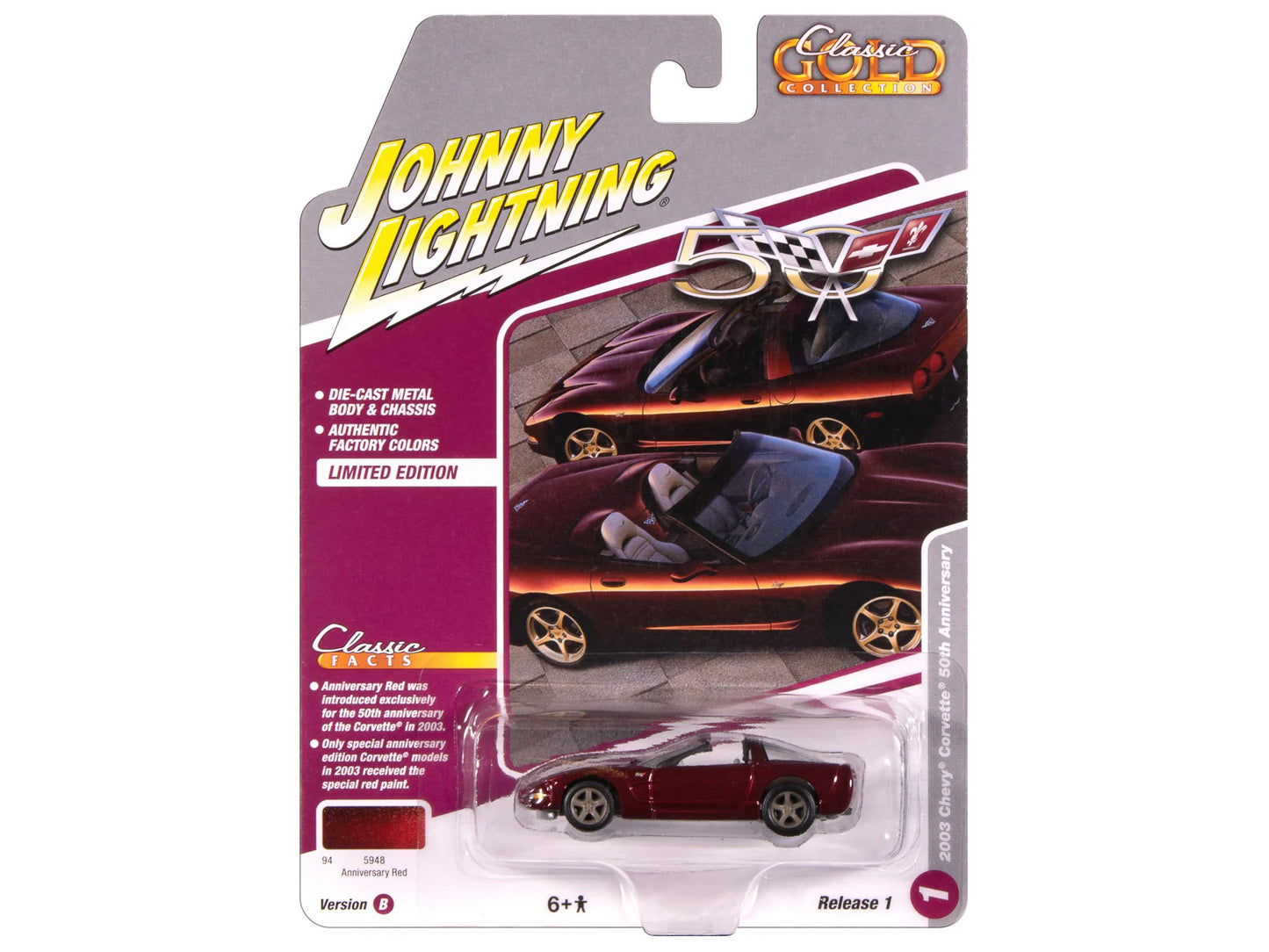 2003 Chevrolet Corvette Convertible "50th Anniversary" Anniversary Red Metallic "Classic Gold Collection" 1/64 Diecast Model Car by Johnny Lightning-DiecastModeler.com