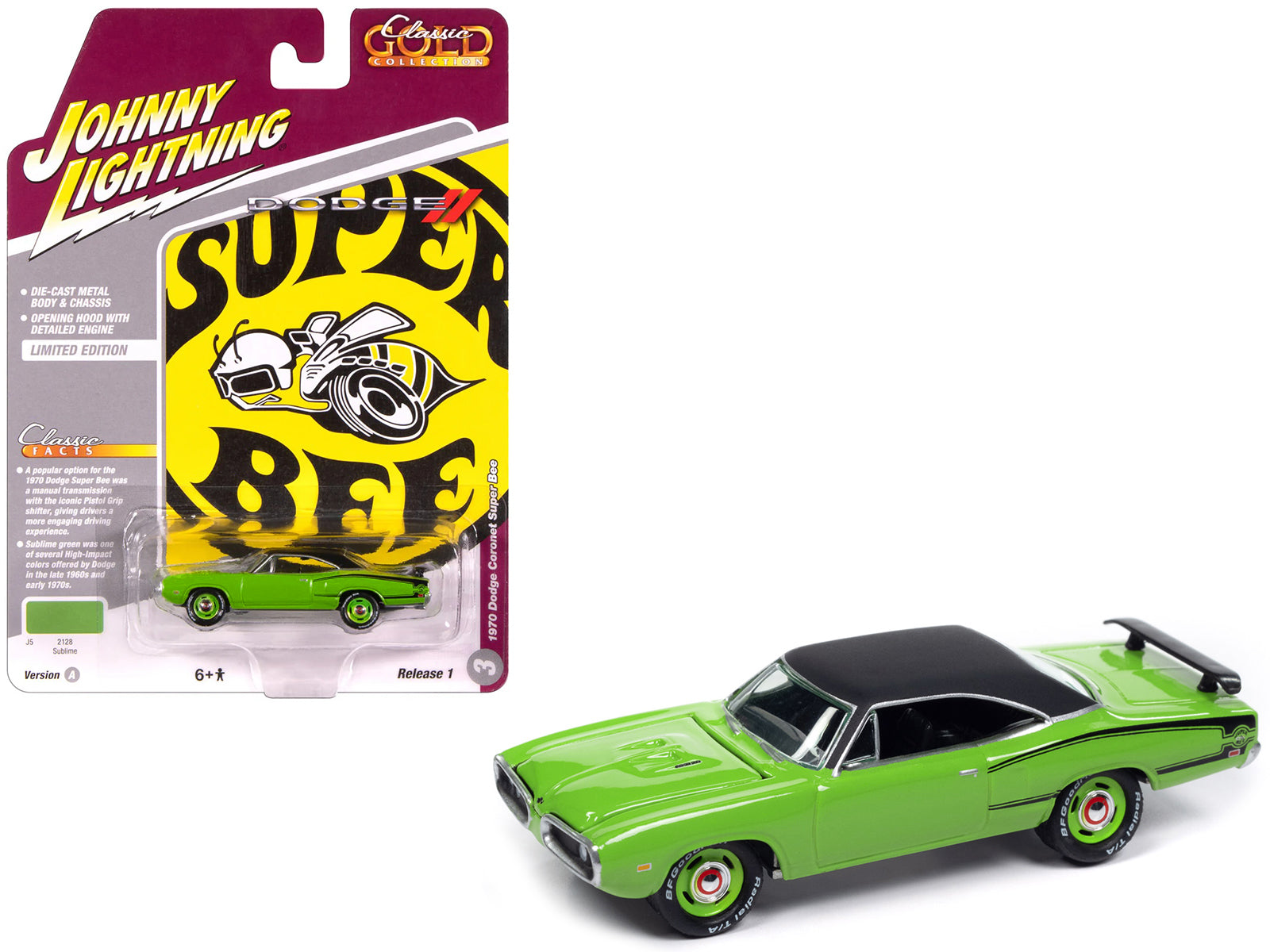 1970 Dodge Coronet Super Bee Sublime Green with Black Stripes and Top "Classic Gold Collection" 1/64 Diecast Model Car by Johnny Lightning-DiecastModeler.com