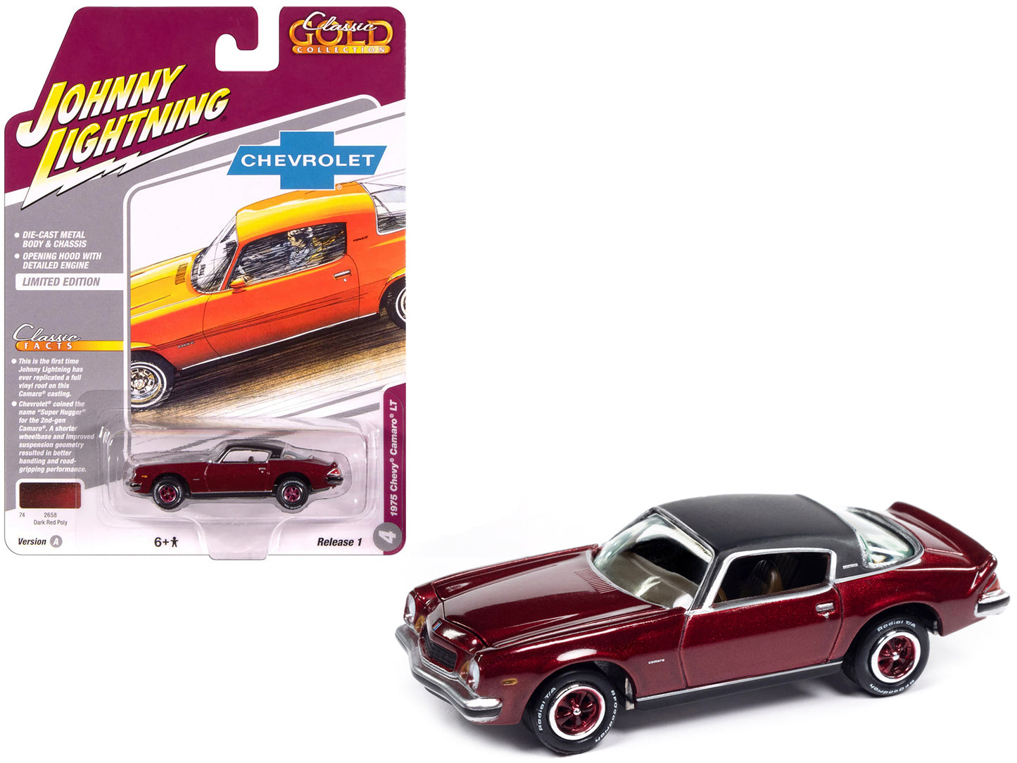 1975 Chevrolet Camaro LT Dark Red Metallic with Black Top "Classic Gold Collection" 1/64 Diecast Model Car by Johnny Lightning-DiecastModeler.com