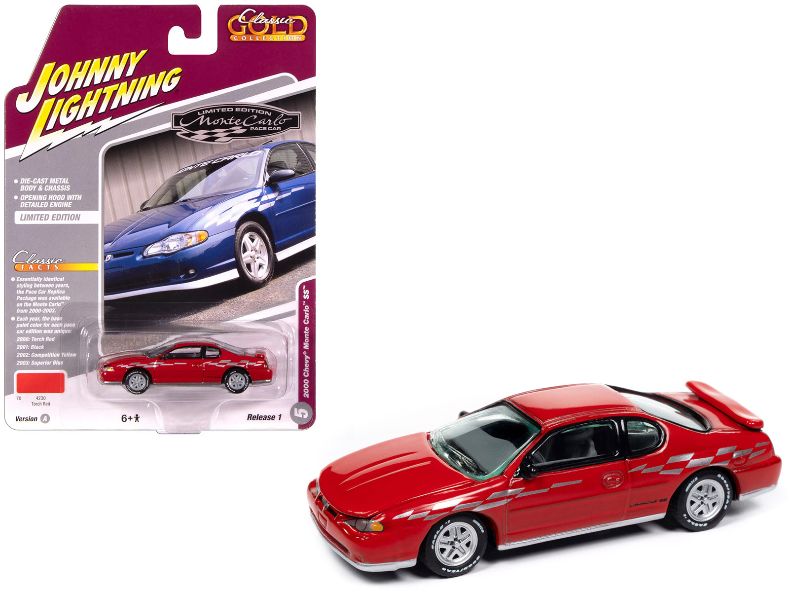 2000 Chevrolet Monte Carlo SS Torch Red with Silver Graphics "Classic Gold Collection" 1/64 Diecast Model Car by Johnny Lightning-DiecastModeler.com