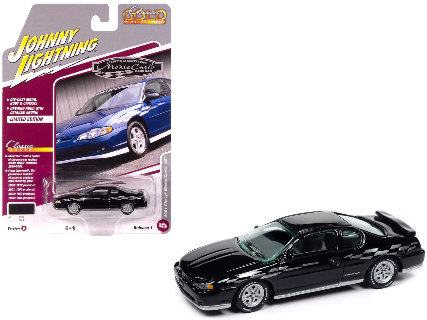 2001 Chevrolet Monte Carlo SS Black with Silver Graphics "Classic Gold Collection" 1/64 Diecast Model Car by Johnny Lightning-DiecastModeler.com