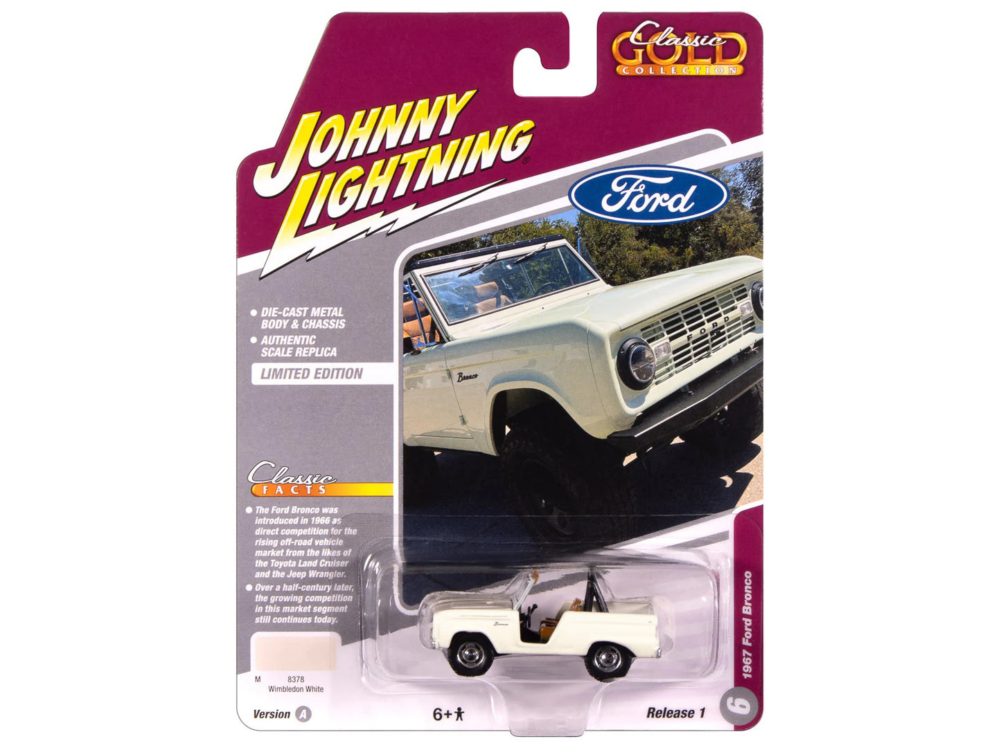 1967 Ford Bronco Wimbledon White "Classic Gold Collection" 1/64 Diecast Model Car by Johnny Lightning-DiecastModeler.com