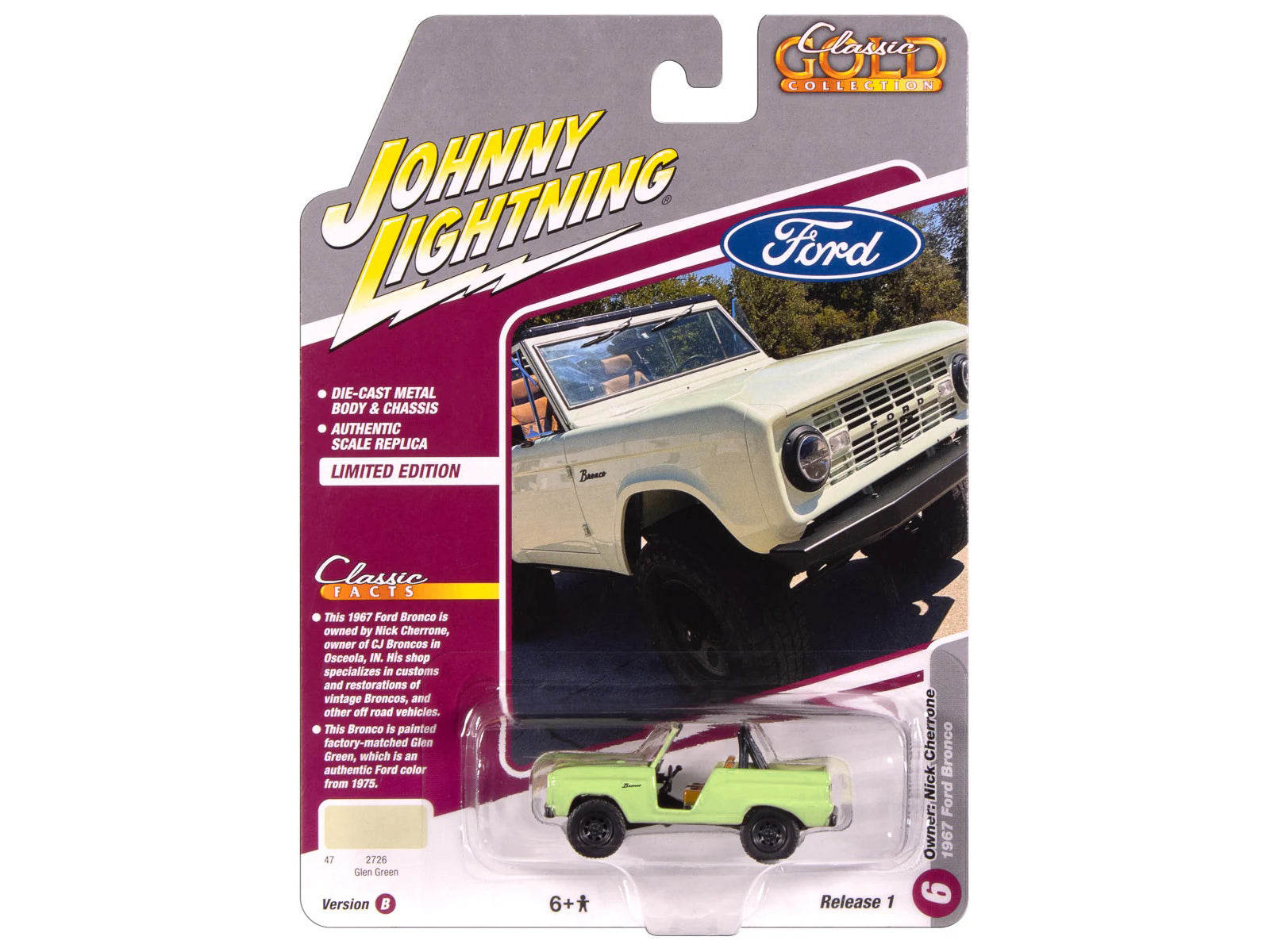 1967 Ford Bronco "Nick Cherrone" Glen Green "Classic Gold Collection" 1/64 Diecast Model Car by Johnny Lightning-DiecastModeler.com