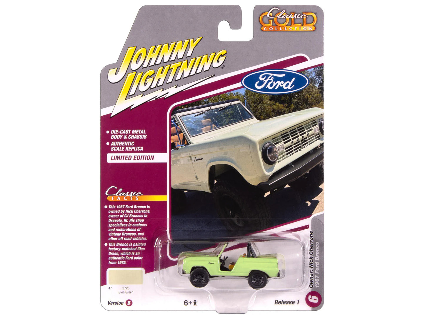 1967 Ford Bronco "Nick Cherrone" Glen Green "Classic Gold Collection" 1/64 Diecast Model Car by Johnny Lightning