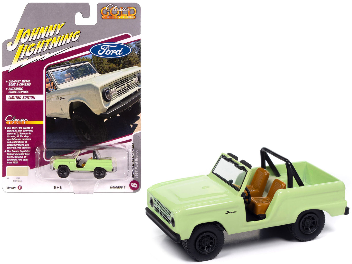 1967 Ford Bronco "Nick Cherrone" Glen Green "Classic Gold Collection" 1/64 Diecast Model Car by Johnny Lightning-DiecastModeler.com